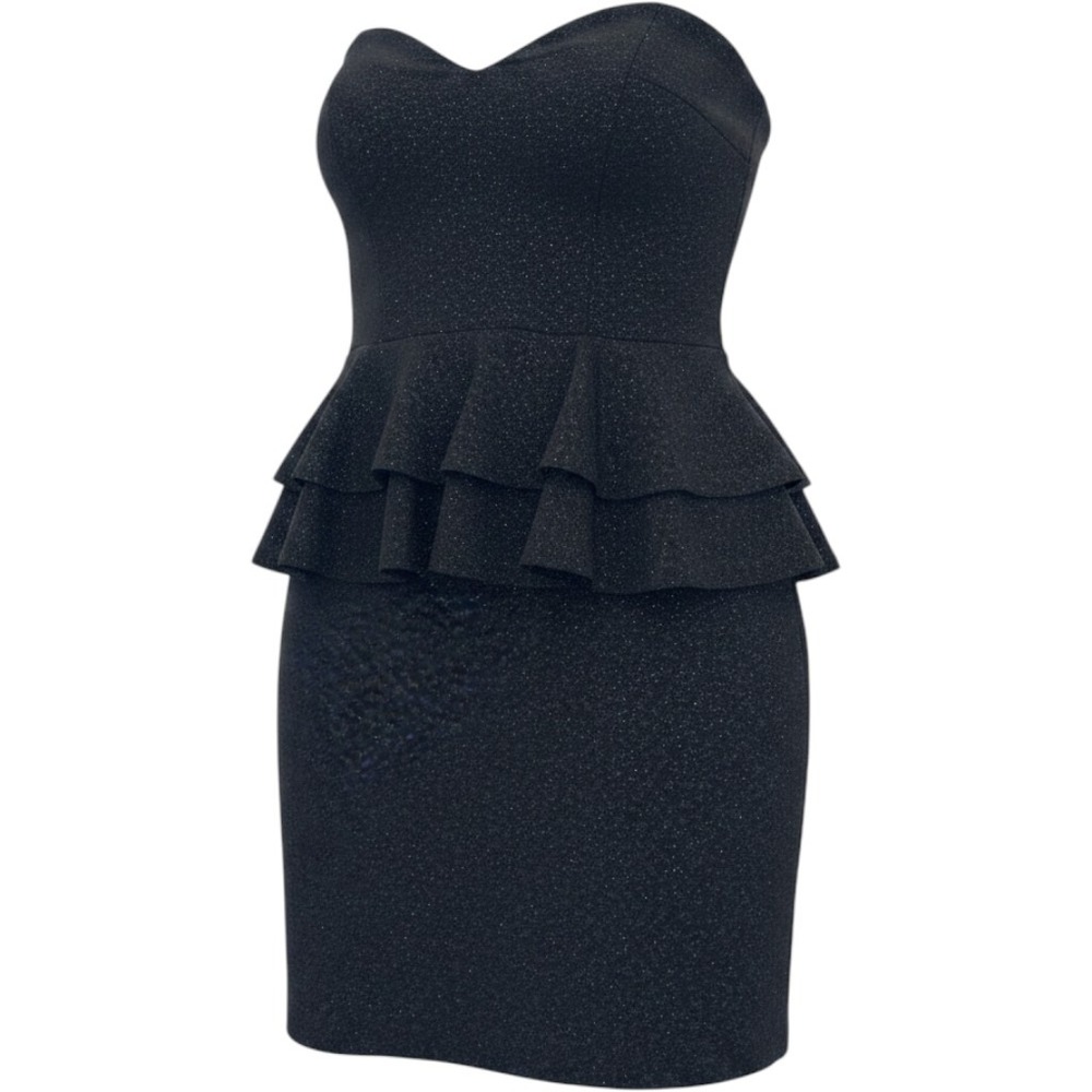 Windsor Black Glitter Peplum Mini Dress Deep V-Neck Tiered Ruffle Sparkly Medium